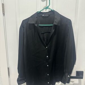 Zara Black Sheer Button-Front Blouse